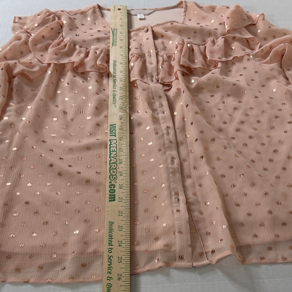 LC Lauren Conrad Blush Pink Metallic Polka Dot Ruffle Blouse Size Large - Picture 11 of 14